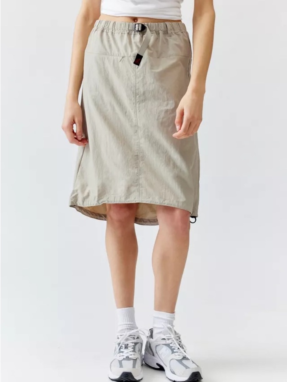 High-Low Beige Utility Skirt with Adjustable Belt